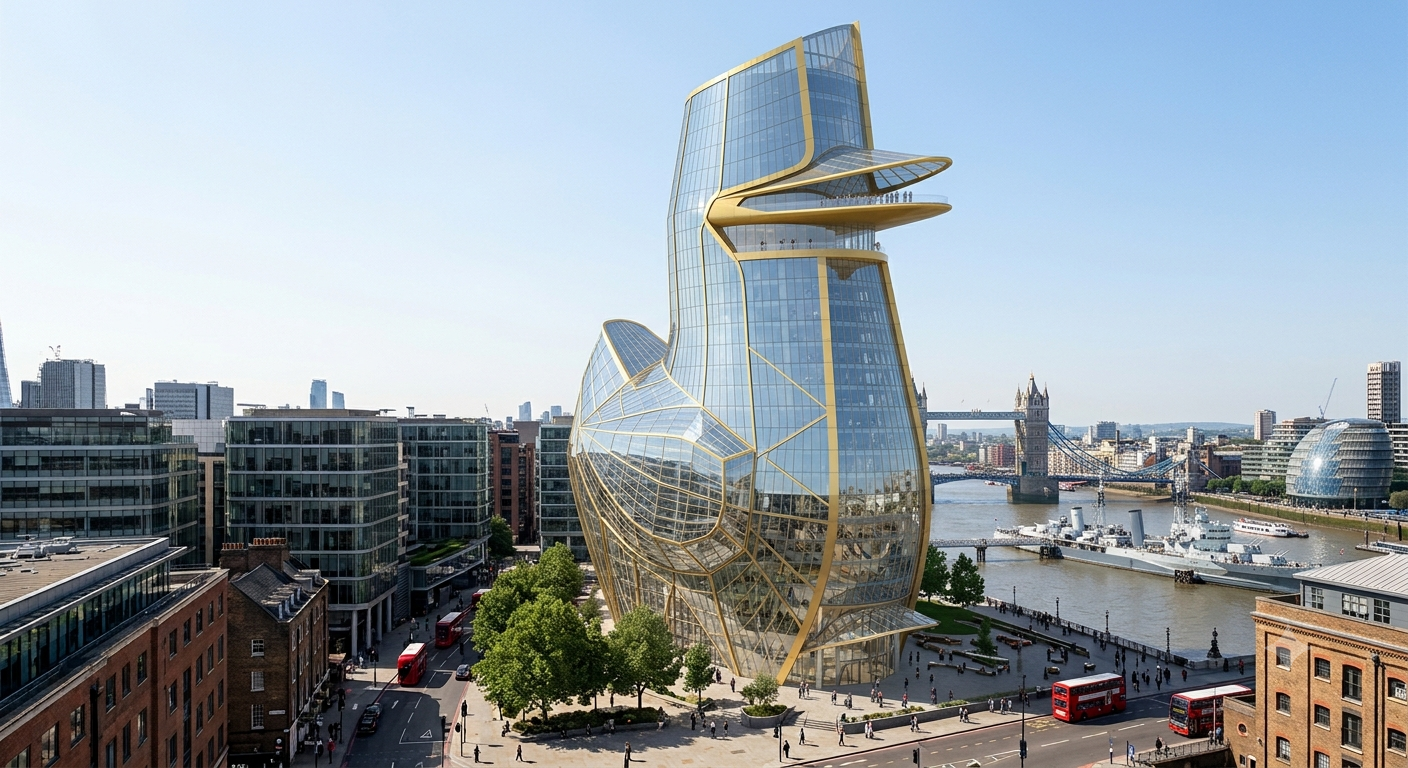 The Duck's sculptural gold and glass tower beside the Thames